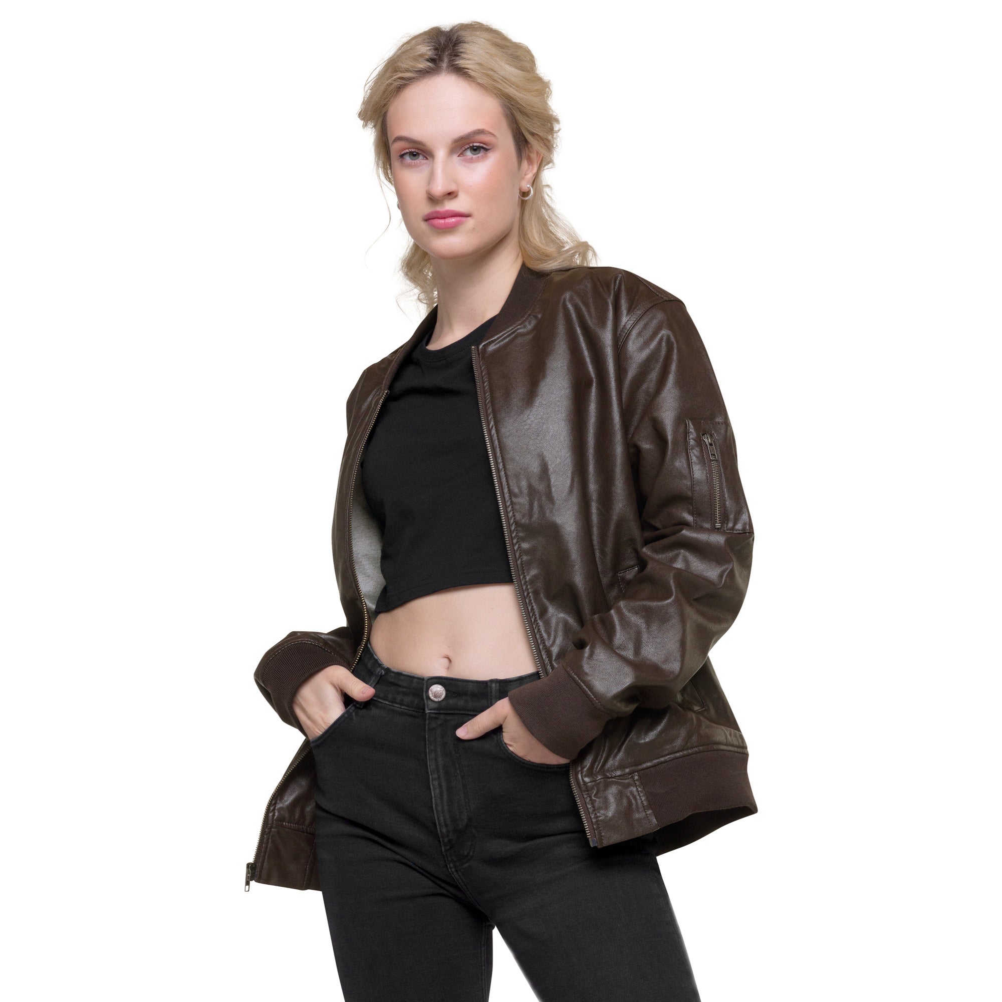 brown leather bomber jacket women